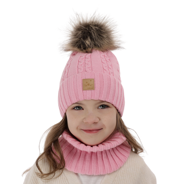 Girl's winter set: hat and tube scarf pink Alexia with pompom