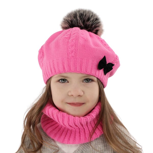 Girl's winter set: hat and tube scarf pink Amora with pompom