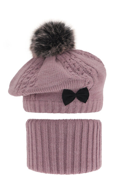 Girl's winter set: hat and tube scarf pink Amora with pompom