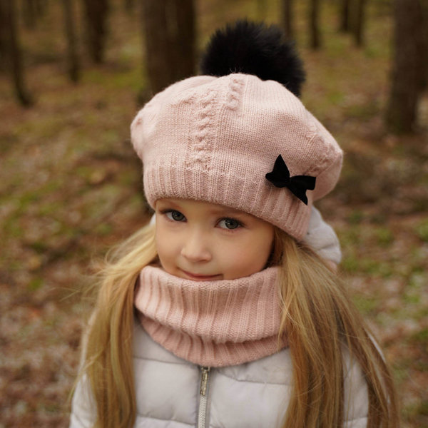 Girl's winter set: hat and tube scarf pink Amora with pompom