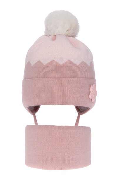 Girl's winter set: hat and tube scarf pink Danka with pompom