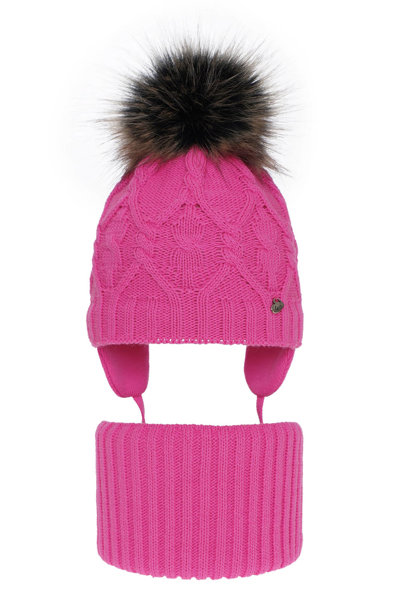 Girl's winter set: hat and tube scarf pink Elena with pompom