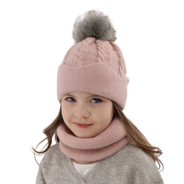 Girl's winter set: hat and tube scarf pink Etula with pompom