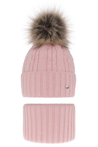 Girl's winter set: hat and tube scarf pink Felia with pompom