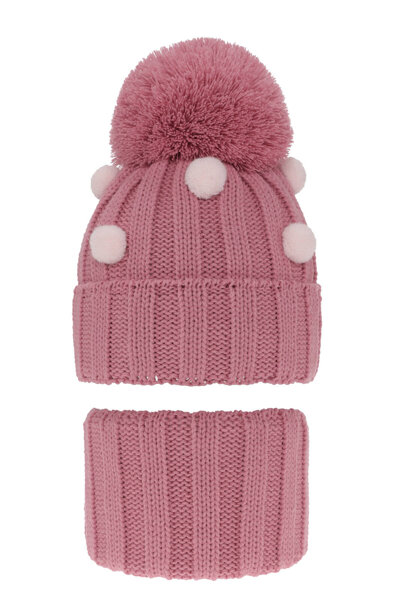 Girl's winter set: hat and tube scarf pink Hekate with pompom