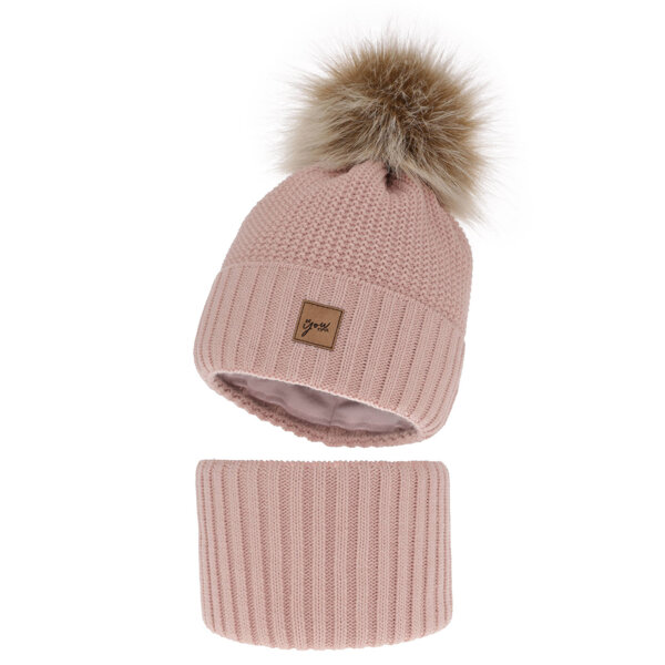 Girl's winter set: hat and tube scarf pink Juliette with pompom