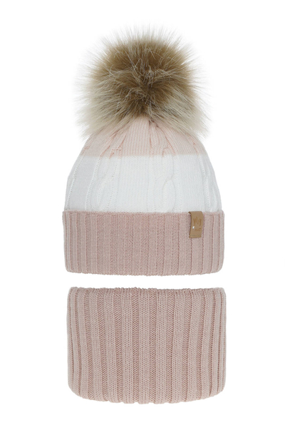 Girl's winter set: hat and tube scarf pink Karmelita with pompom