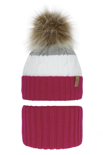 Girl's winter set: hat and tube scarf pink Karmelita with pompom