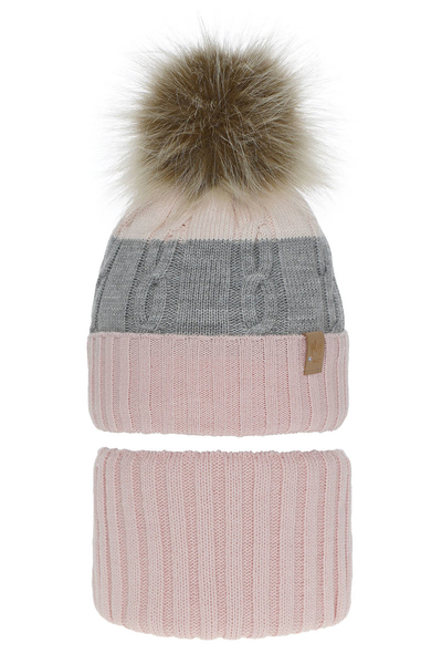 Girl's winter set: hat and tube scarf pink Karmelita with pompom