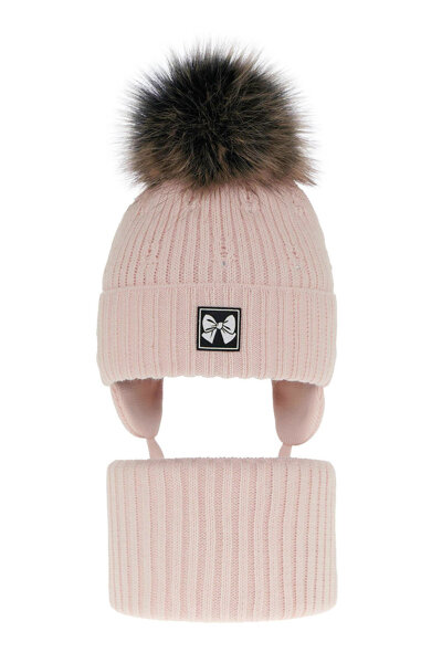 Girl's winter set: hat and tube scarf pink Kinia with pompom