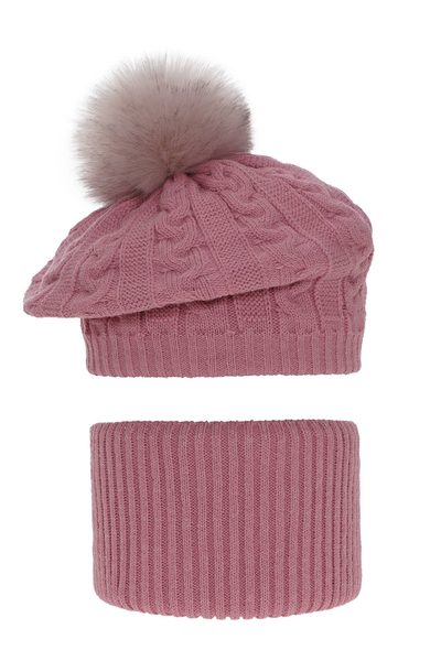 Girl's winter set: hat and tube scarf pink Koffi with pompom