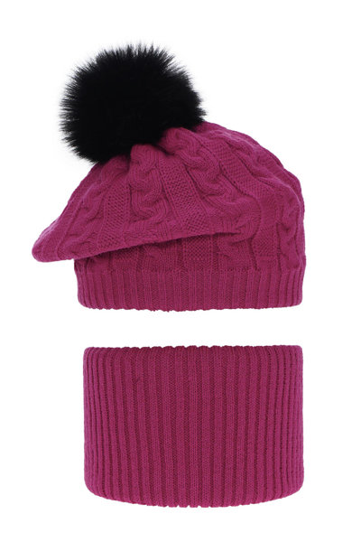 Girl's winter set: hat and tube scarf pink Koffi with pompom