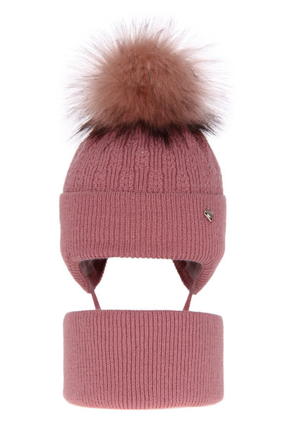 Girl's winter set: hat and tube scarf pink Kornela with pompom