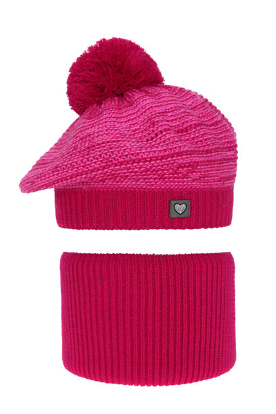 Girl's winter set: hat and tube scarf pink Lira with pompom