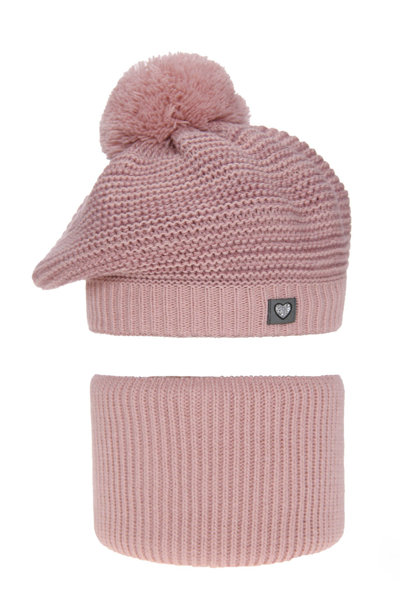 Girl's winter set: hat and tube scarf pink Lira with pompom