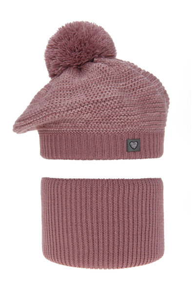 Girl's winter set: hat and tube scarf pink Lira with pompom