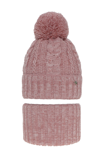 Girl's winter set: hat and tube scarf pink Maroko with pompom