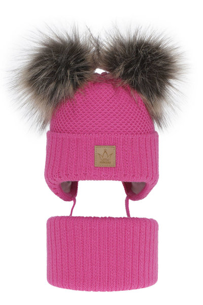 Girl's winter set: hat and tube scarf pink Minsi with two pompom