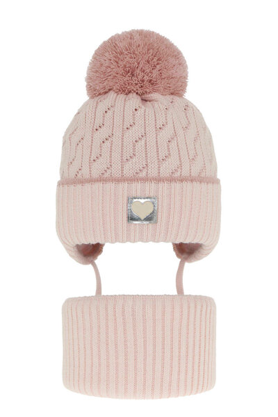 Girl's winter set: hat and tube scarf pink Natka with pompom