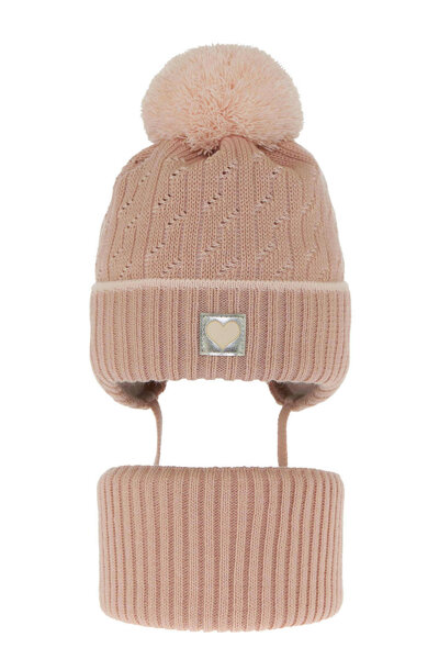 Girl's winter set: hat and tube scarf pink Natka with pompom