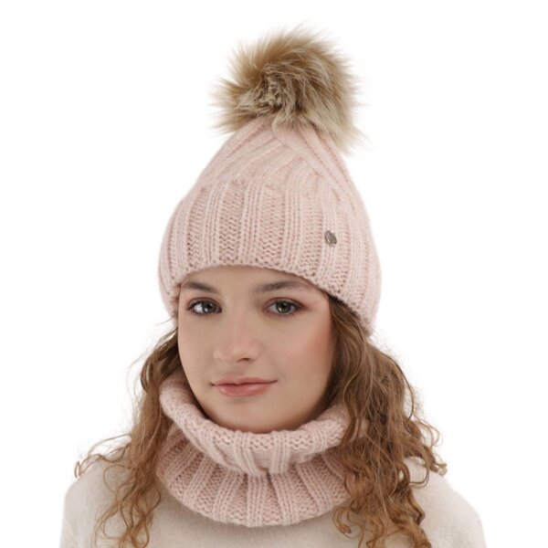 Girl's winter set: hat and tube scarf pink Polaris with pompom