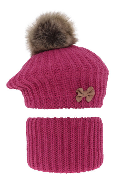 Girl's winter set: hat and tube scarf pink Polinezja with pompom