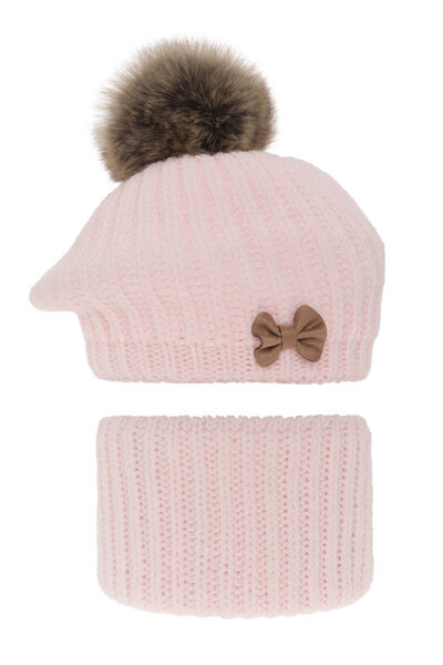 Girl's winter set: hat and tube scarf pink Polinezja with pompom