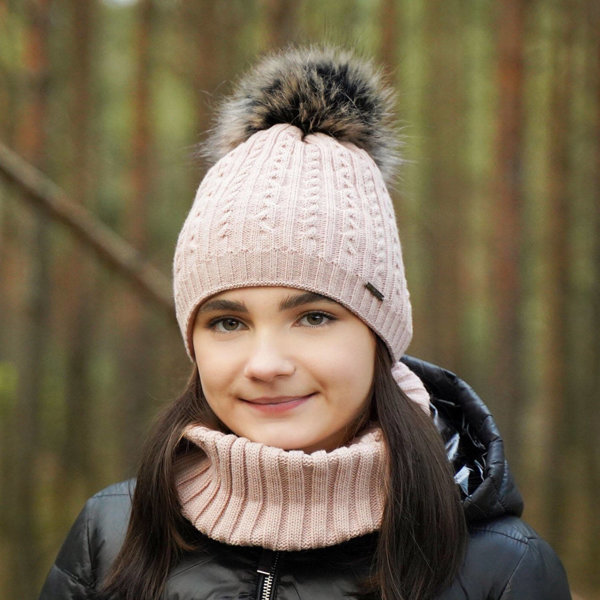 Girl's winter set: hat and tube scarf pink Rima with pompom