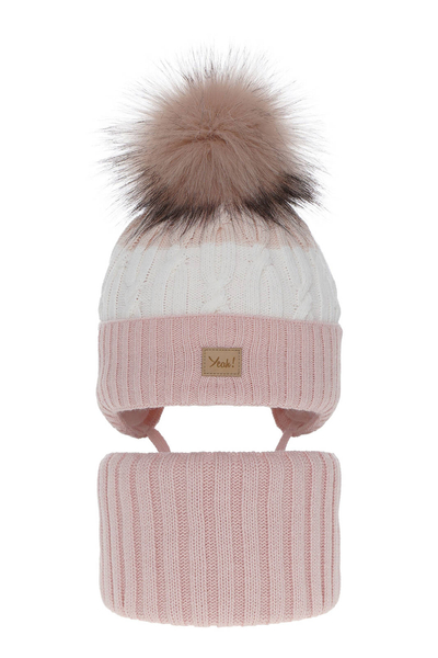 Girl's winter set: hat and tube scarf pink Riviera with pompom