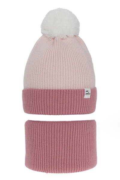 Girl's winter set: hat and tube scarf pink Rosalin with pompom