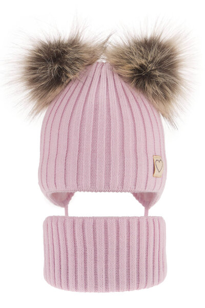 Girl's winter set: hat and tube scarf pink Telisa with two pompom