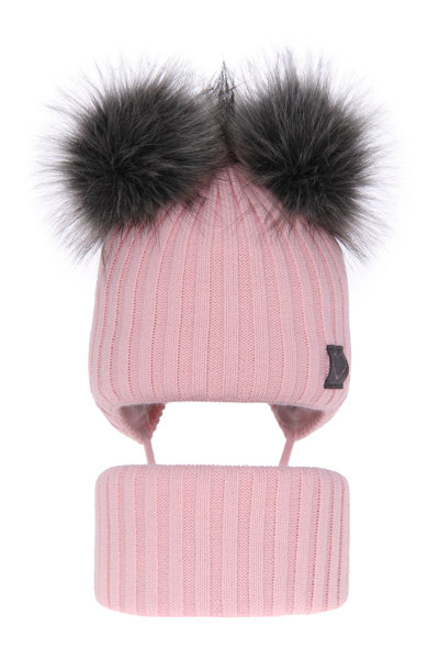 Girl's winter set: hat and tube scarf pink Telisa with two pompom