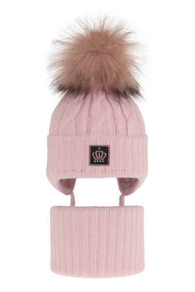 Girl's winter set: hat and tube scarf pink Tigra with pompom