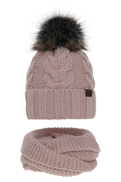 Girl's winter set: hat and tube scarf pink Torina with pompom