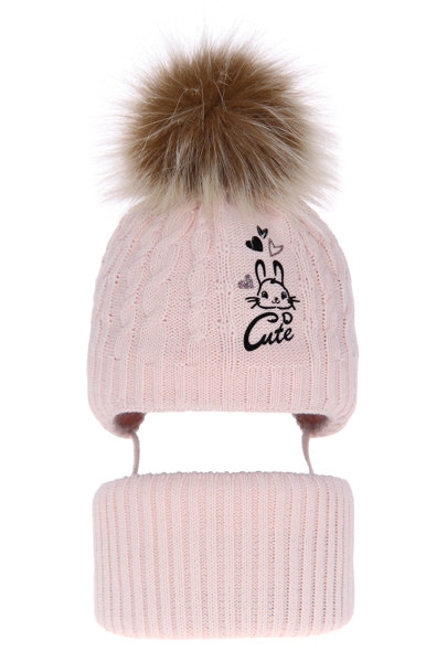 Girl's winter set: hat and tube scarf pink Treccia with pompom