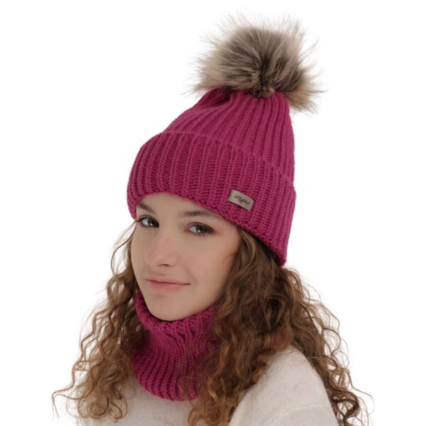 Girl's winter set: hat and tube scarf pink Willow with pompom