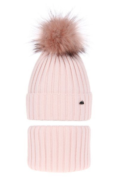 Girl's winter set: hat and tube scarf pink Wilma with pompom  