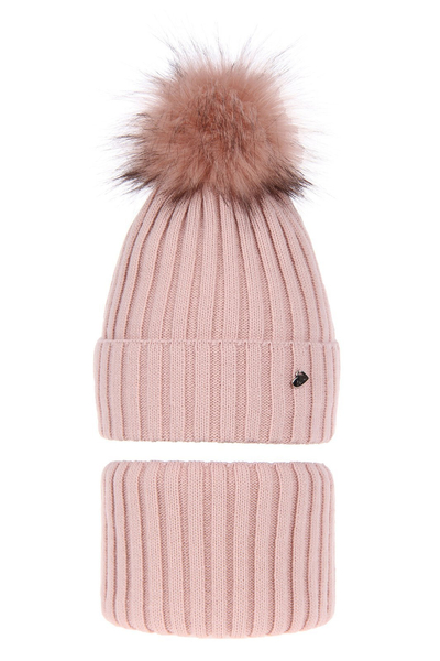 Girl's winter set: hat and tube scarf pink Wilma with pompom