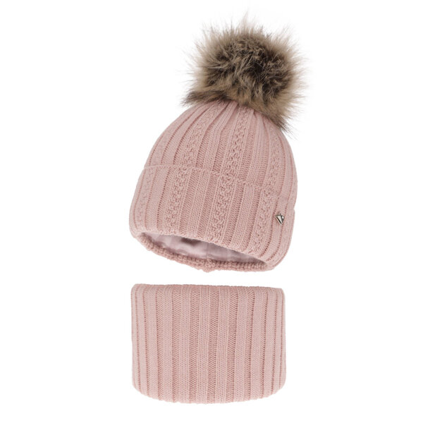 Girl's winter set: hat and tube scarf pink Wirginia with pompom