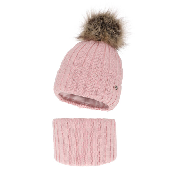 Girl's winter set: hat and tube scarf pink Wirginia with pompom