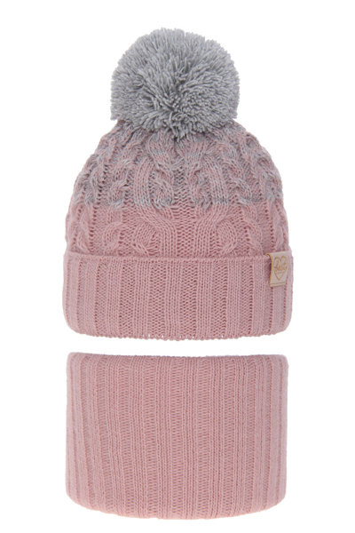 Girl's winter set: hat and tube scarf pink Zendaya with pompom