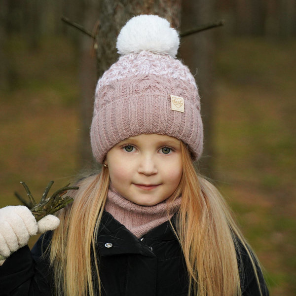 Girl's winter set: hat and tube scarf pink Zendaya with pompom