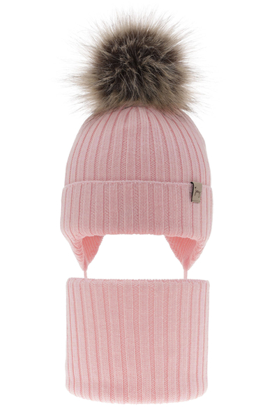 Girl's winter set: hat and tube scarf pink made of 100% extra fine merino wool Junika