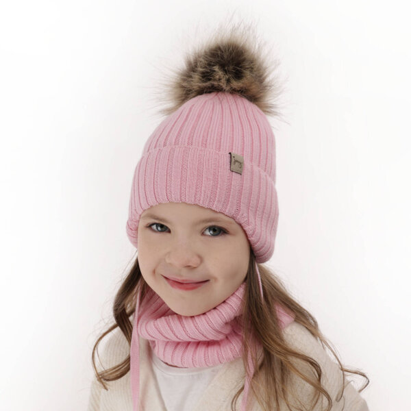 Girl's winter set: hat and tube scarf pink made of 100% extra fine merino wool Junika