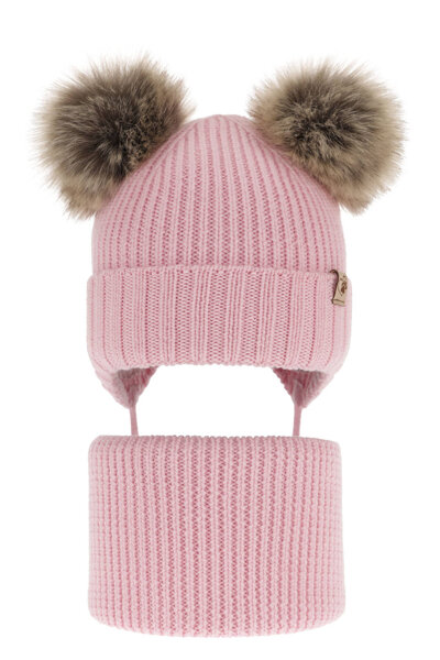 Girl's winter set: hat and tube scarf pink made of 100% extra fine merino wool Silvia