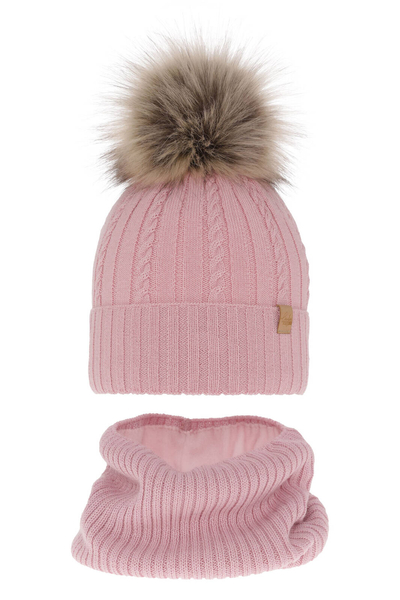 Girl's winter set: hat and tube scarf pink merino wool Mirabel