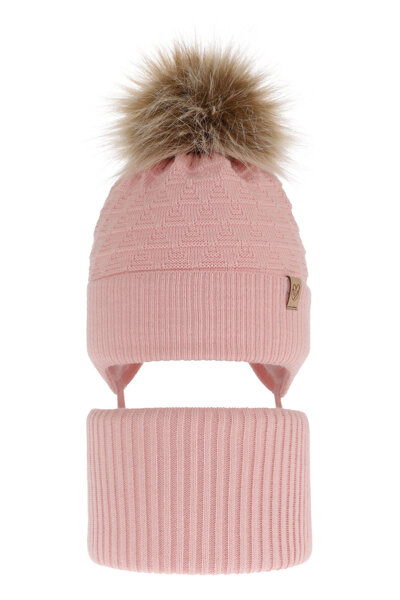 Girl's winter set: hat and tube scarf pink with pompom Egeria