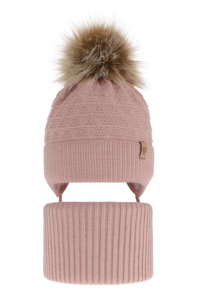 Girl's winter set: hat and tube scarf pink with pompom Egeria