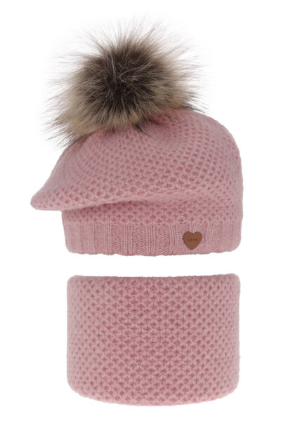 Girl's winter set: hat and tube scarf pink with pompom Francesca