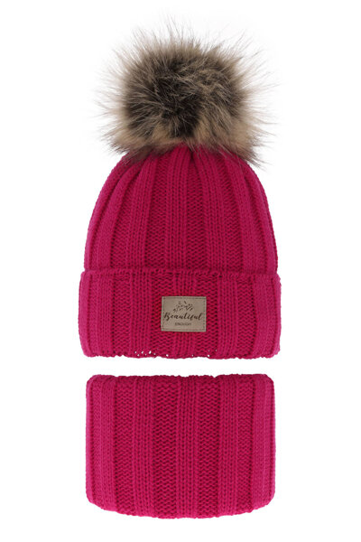 Girl's winter set: hat and tube scarf pink with pompom Kalope